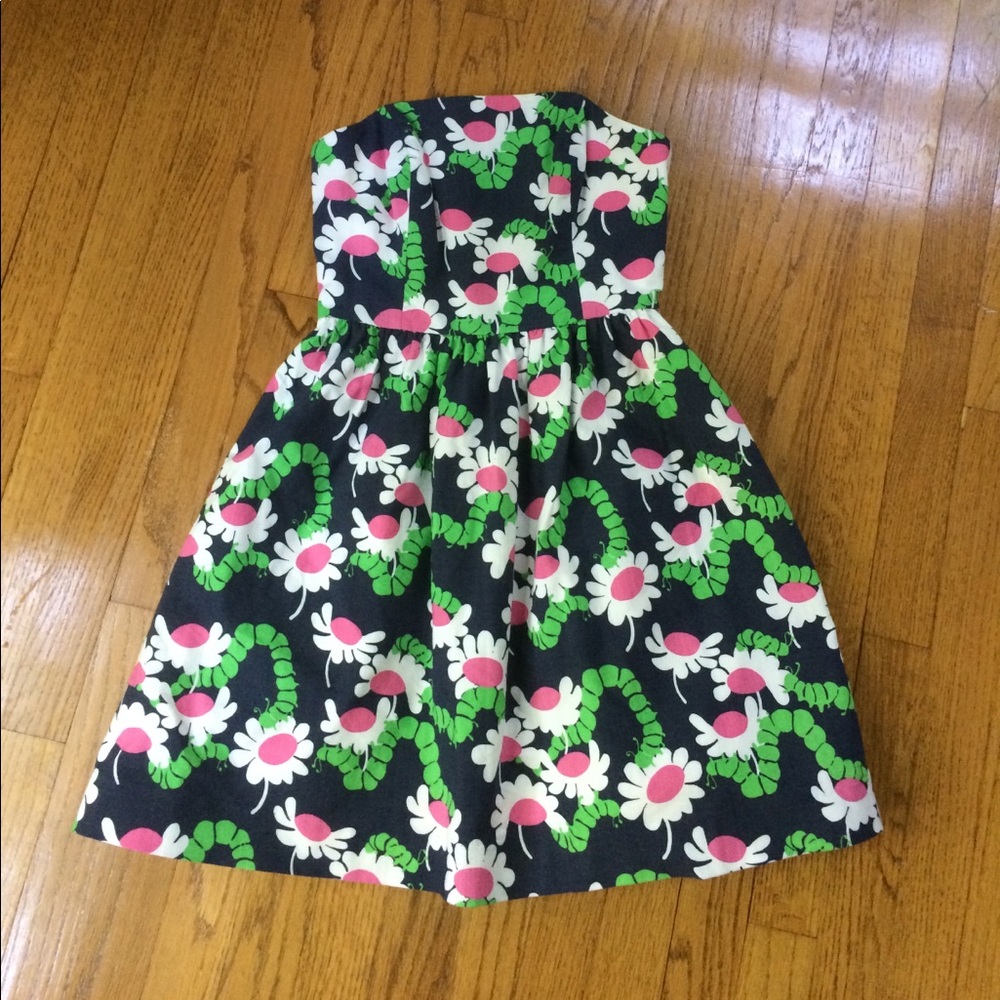 Lilly Pulitzer Black Strapless Floral Dress with Pink and Green